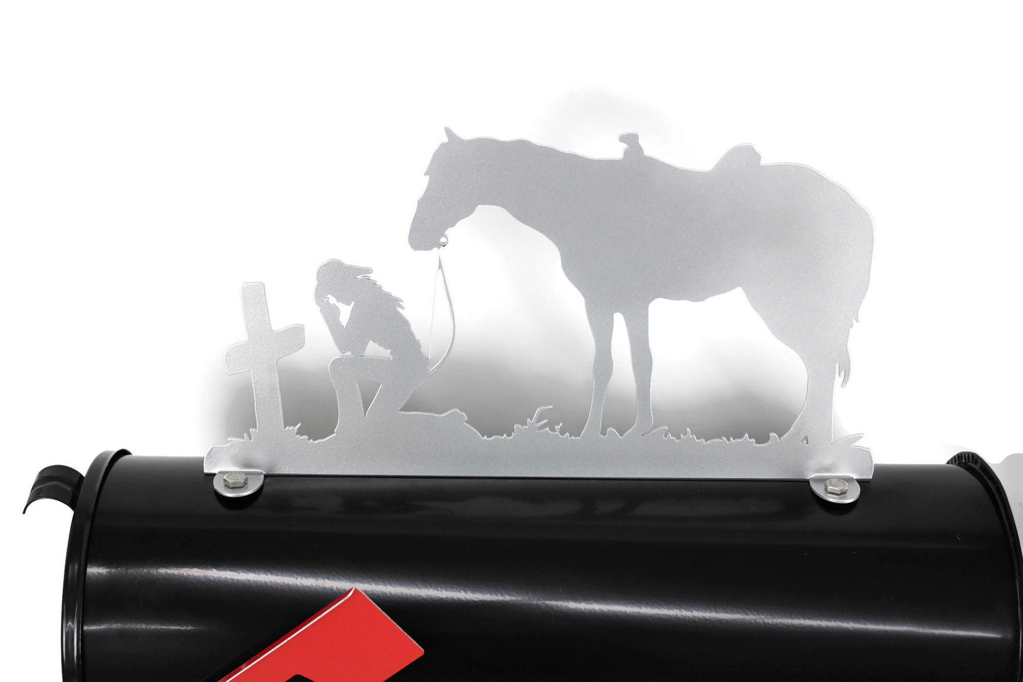 Silver praying cowgirl with horse mailbox topper installed on a mailbox