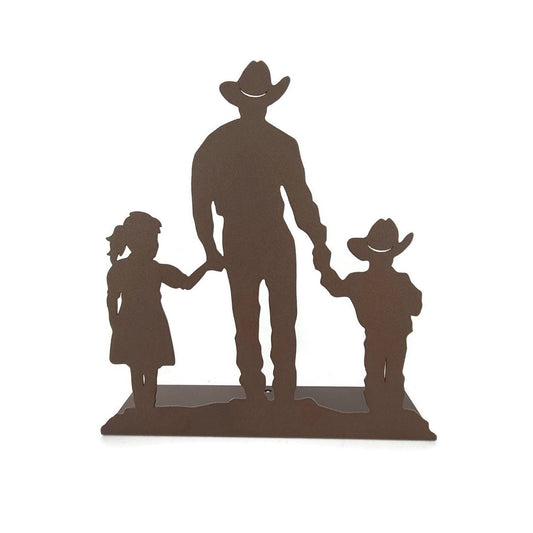 Brown powder coat metal cowboy, daughter, and son tabletop stand