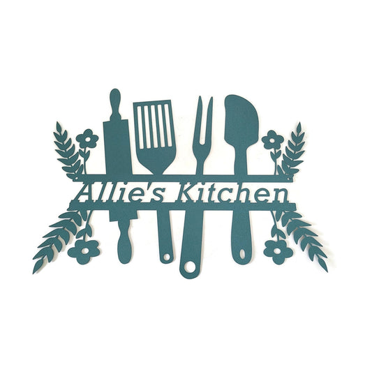 Allie's Kitchen custom metal kitchen sign with utensils in copper patina green powder coat