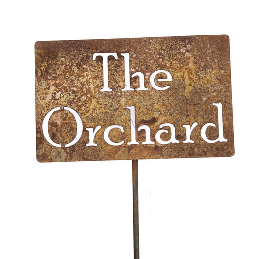 The Orchard rusty garden stake sign