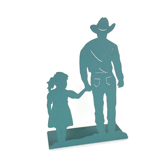 Copper patina green powder coat metal cowboy and daughter tabletop stand