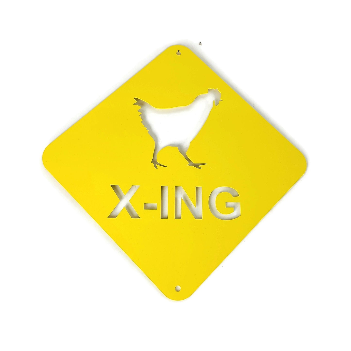 Chicken x-ing hanging sign in yellow powder coat