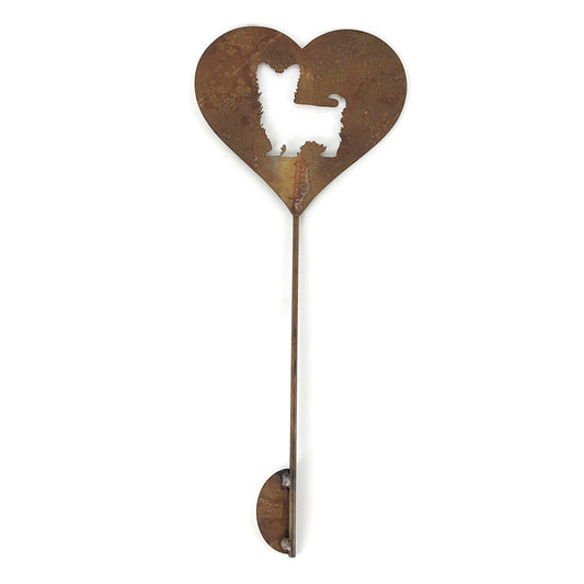 Heart-shaped rusty garden stake sign in rust with a yorkshire terrier dog silhouette