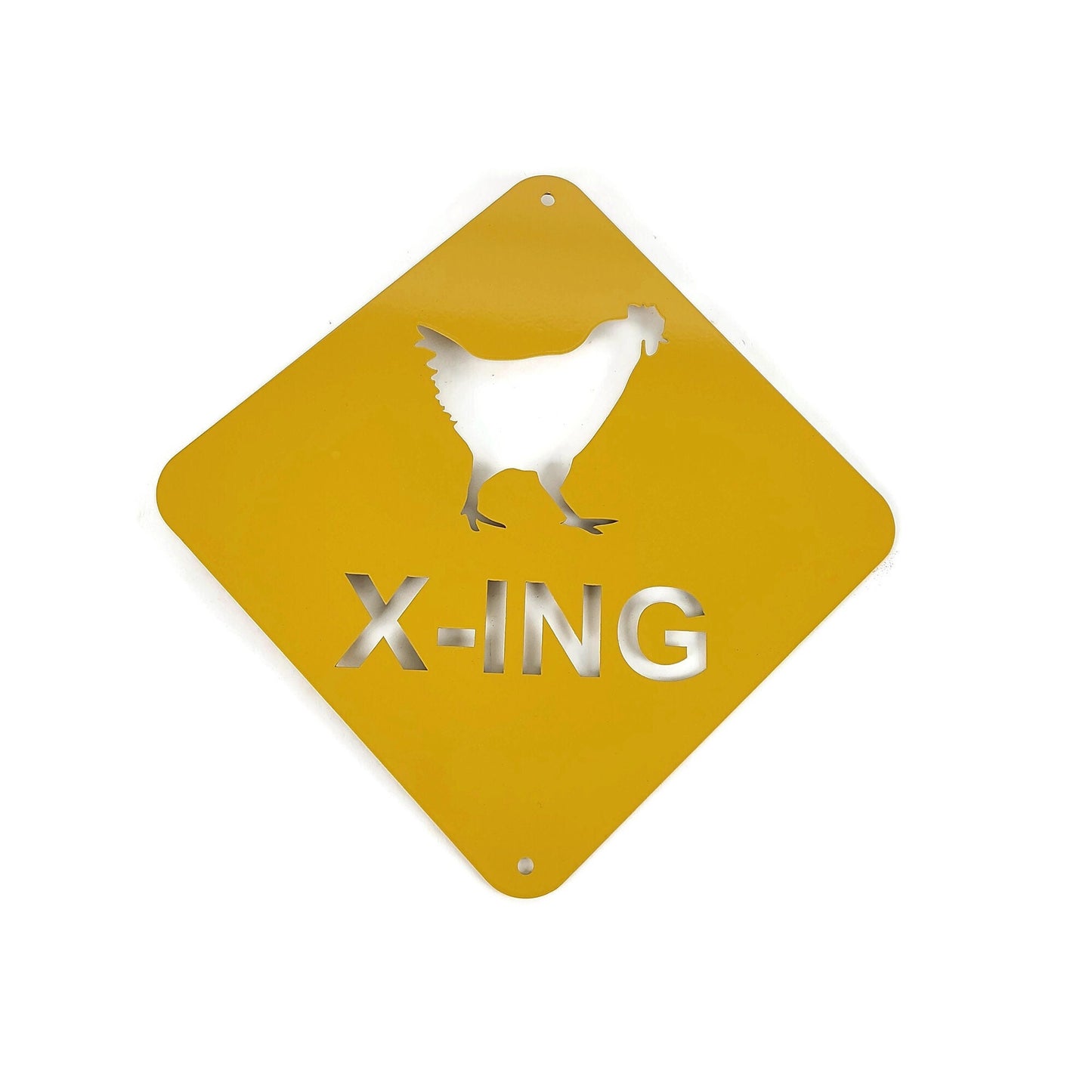 Chicken x-ing hanging sign in dark yellow powder coat