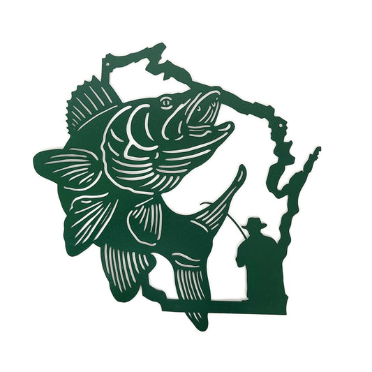 Wisconsin-shaped jumping walleye metal wall art with a fisherman and fishing pole in hammered dark green powder coat