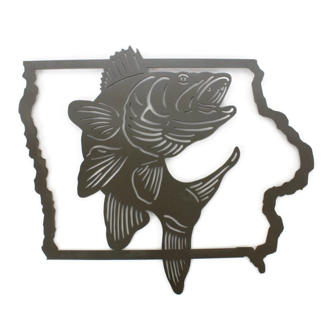 Shape of Iowa metal wall art with a walleye in gray powder coat