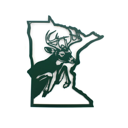 Minnesota shaped metal wall art with jumping buck deer in green powder coat