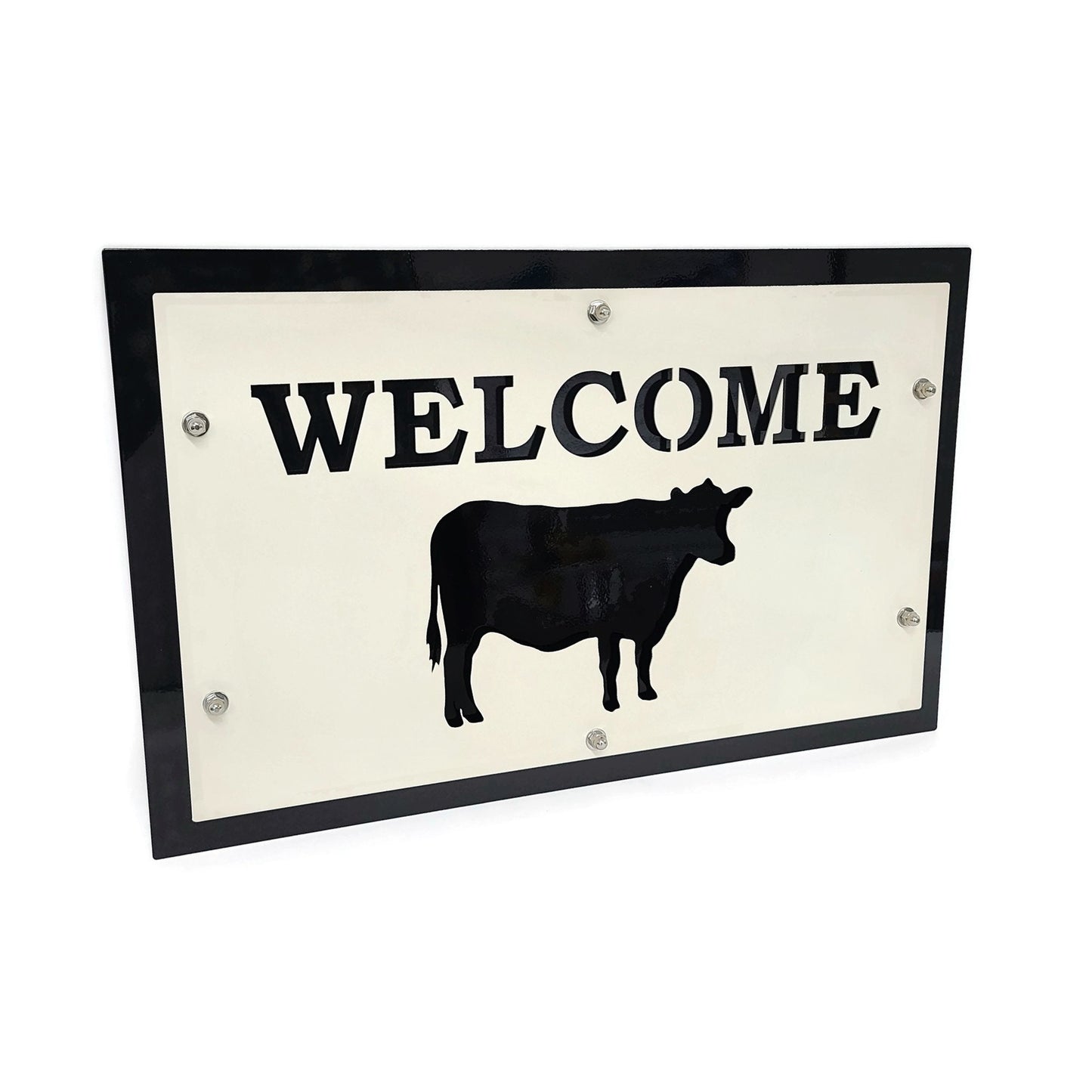Cream over black layered cattle weclome sign with cow