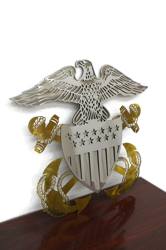 Stainless steel Navy Officer's crest with gold fouled anchors and eagle metal wall sign