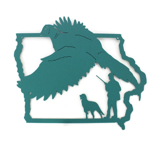 Shape of Iowa metal wall art with a pheasant, hunter with gun, and a dog in copper patina green powder coat