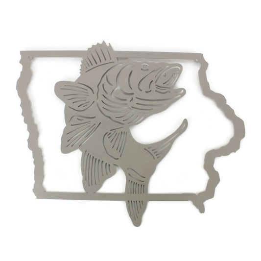 Shape of Iowa metal wall art with a walleye in matte silver powder coat