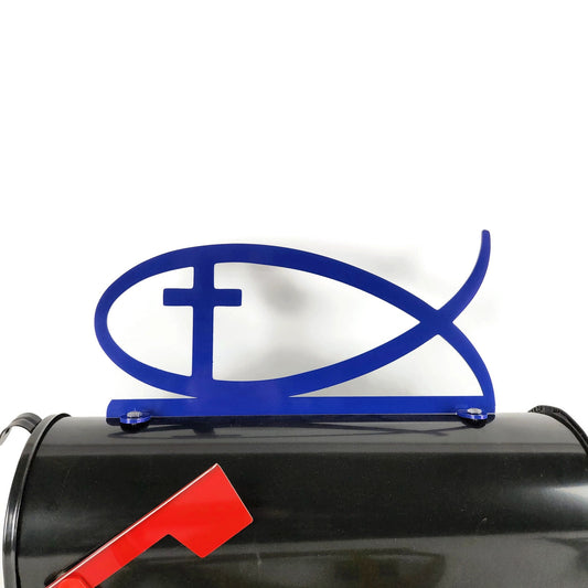 Blue jesus fish mailbox topper installed on a mailbox.