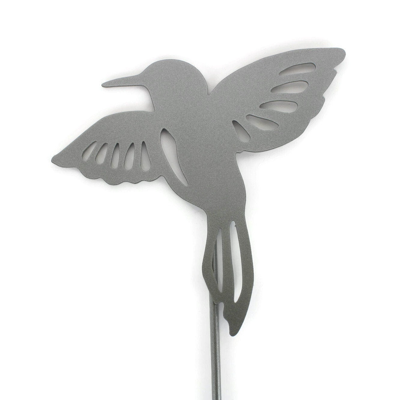 Metal hummingbird garden stake in gray powder coat