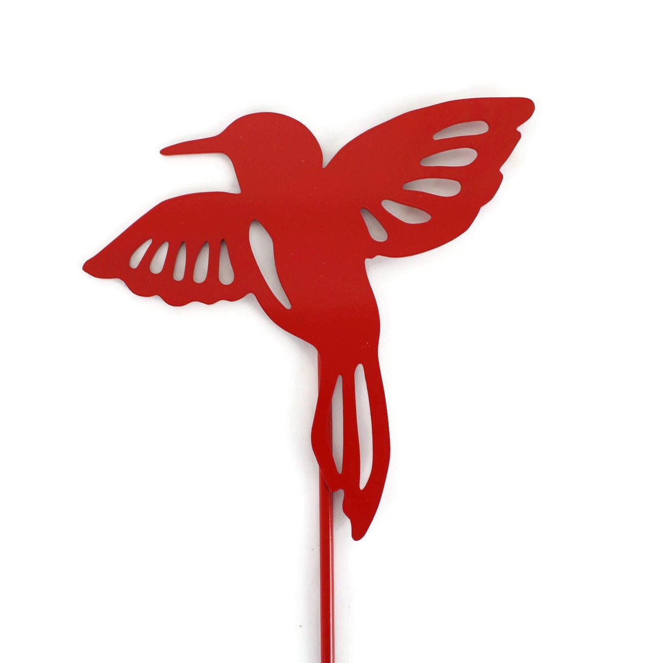 Metal hummingbird garden stake in red powder coat