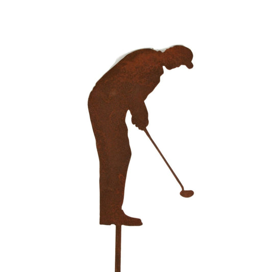 Metal golfer garden stake in rust