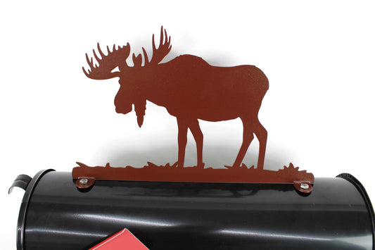 Hammered brown moose mailbox topper installed on a mailbox