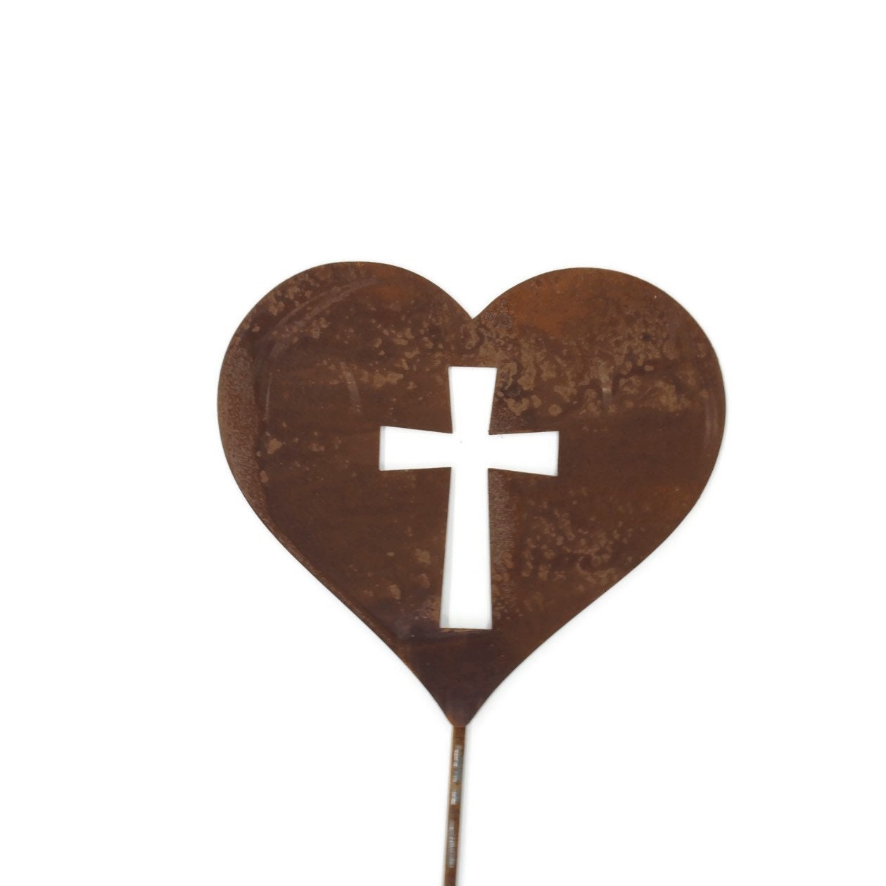 Heart shaped metal garden stake with cross