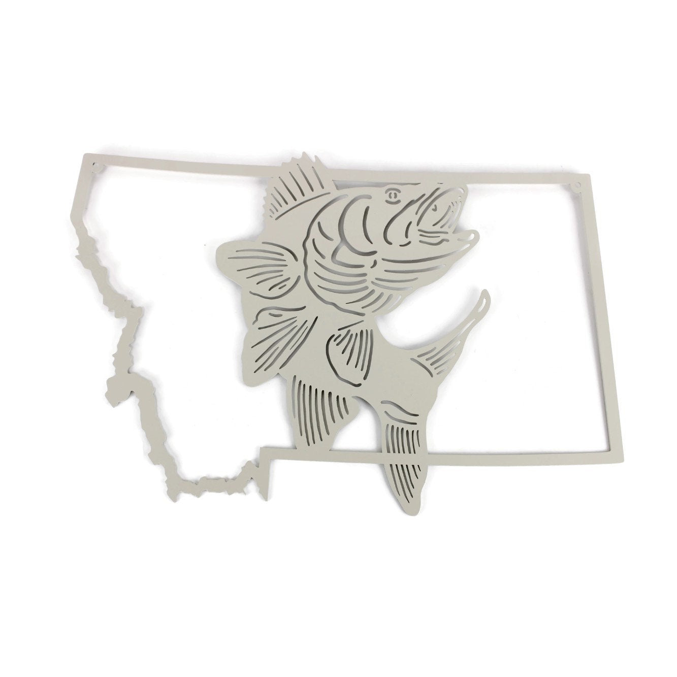 Montana-shaped metal wall art with a jumping walleye in cream powder coat