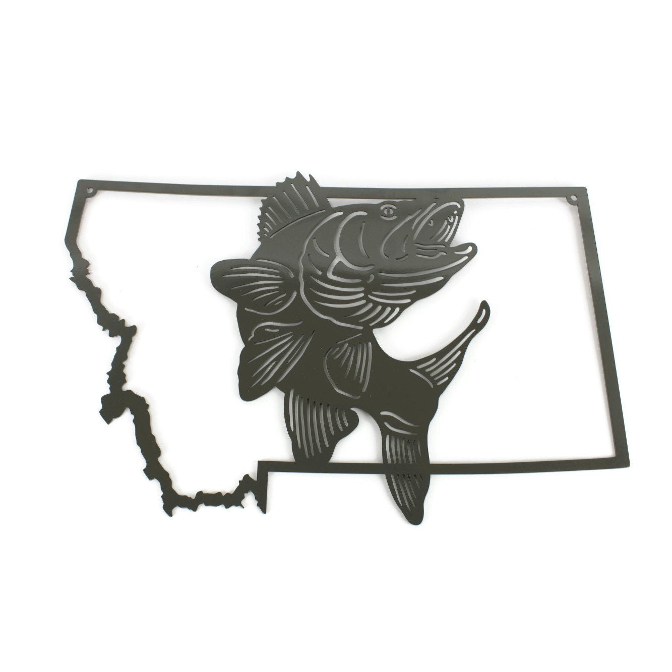 Montana-shaped metal wall art with a jumping walleye in dark gray powder coat