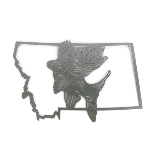 Montana-shaped metal wall art with a jumping walleye in metallic dark gray powder coat
