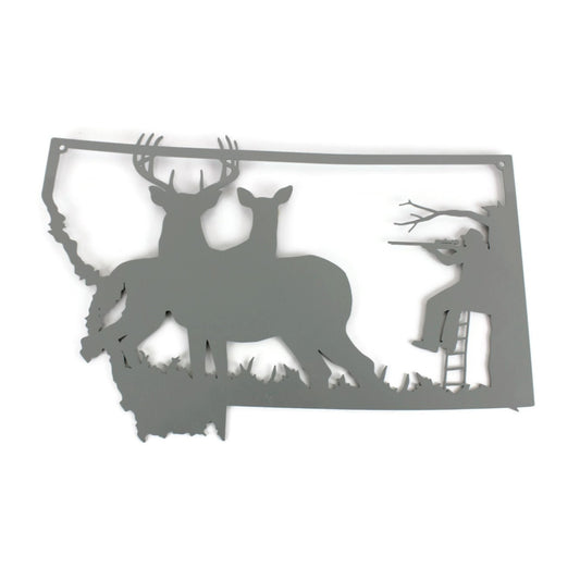 Montana shaped metal wall art with deer and a hunter in a treestand in gray powder coat