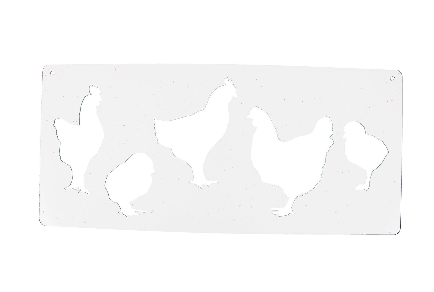 White speckled powder coat metal hanging chicken sign with silhouettes of hens and chicks