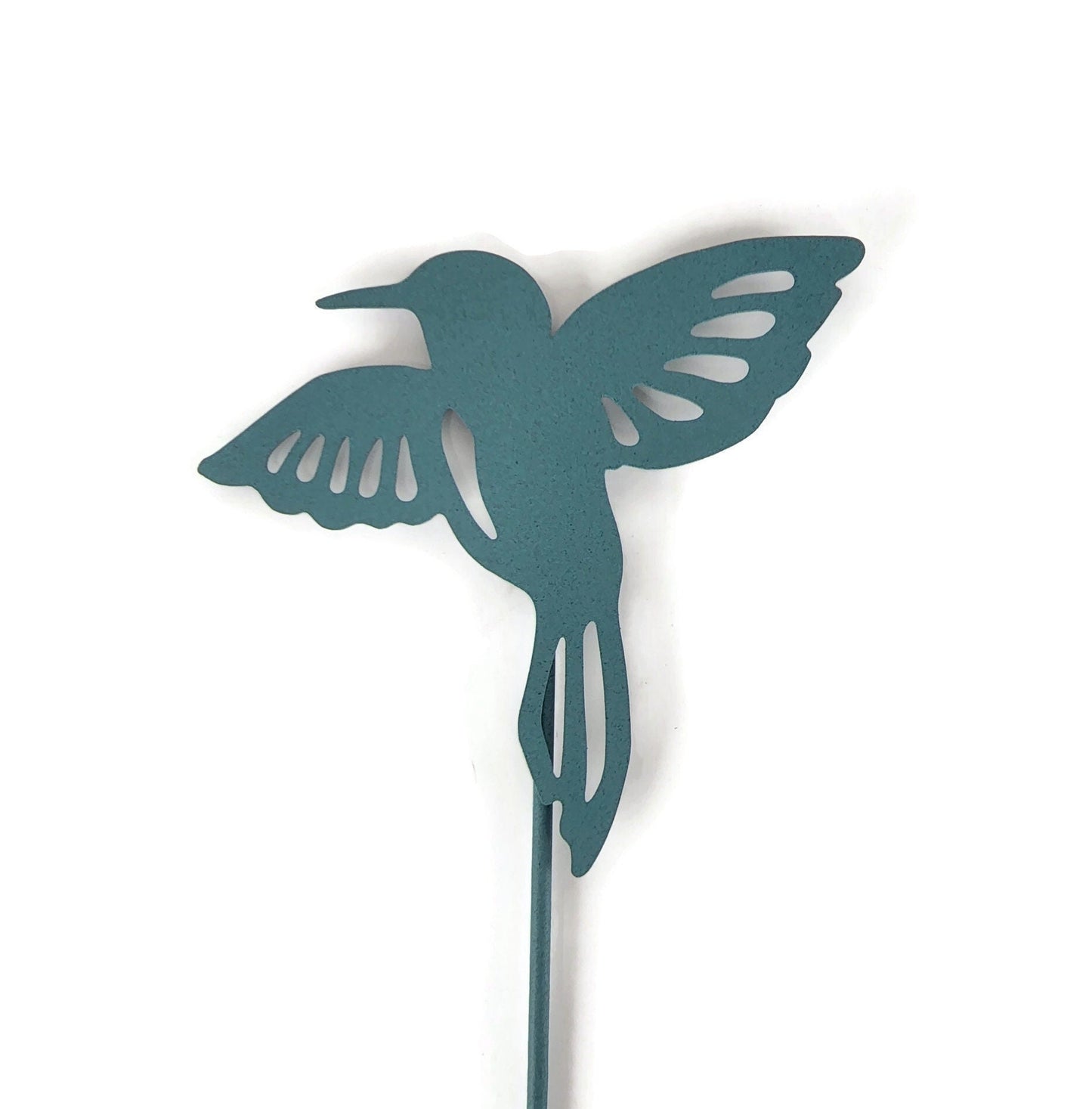Metal hummingbird garden stake in copper patina green powder coat