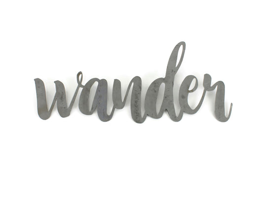 wander metal script word sign in raw stee;