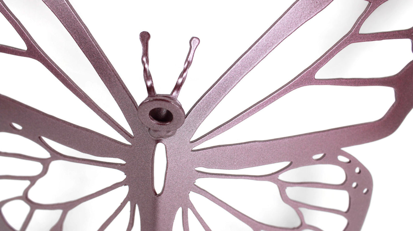 Metallic lavender powder coat metal monarch butterfly wall art close up