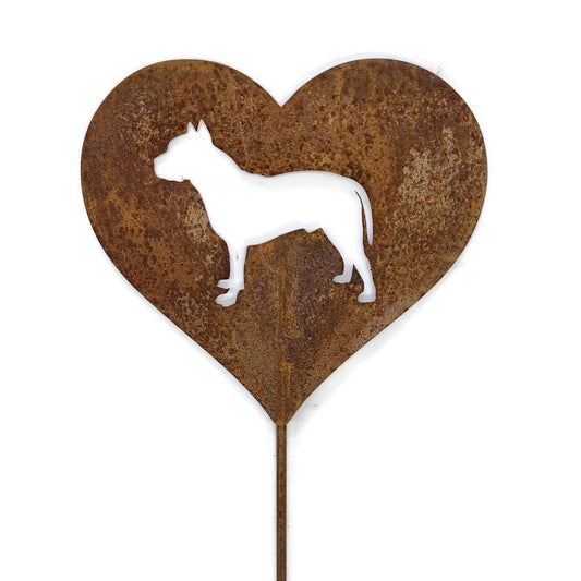 Heart-shaped rusty garden stake sign in rust with a pit bull terrier dog silhouette