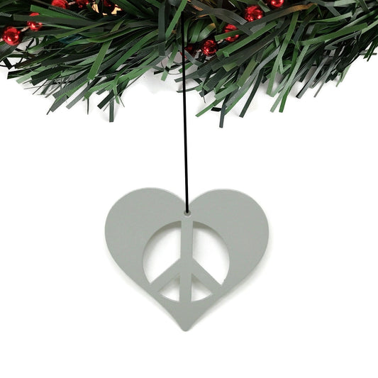 Gray powder coat metal peace heart Christmas tree ornament