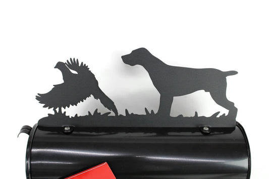 Black German Shorthair Pointer with pheasant mailbox topper installed on a mailbox