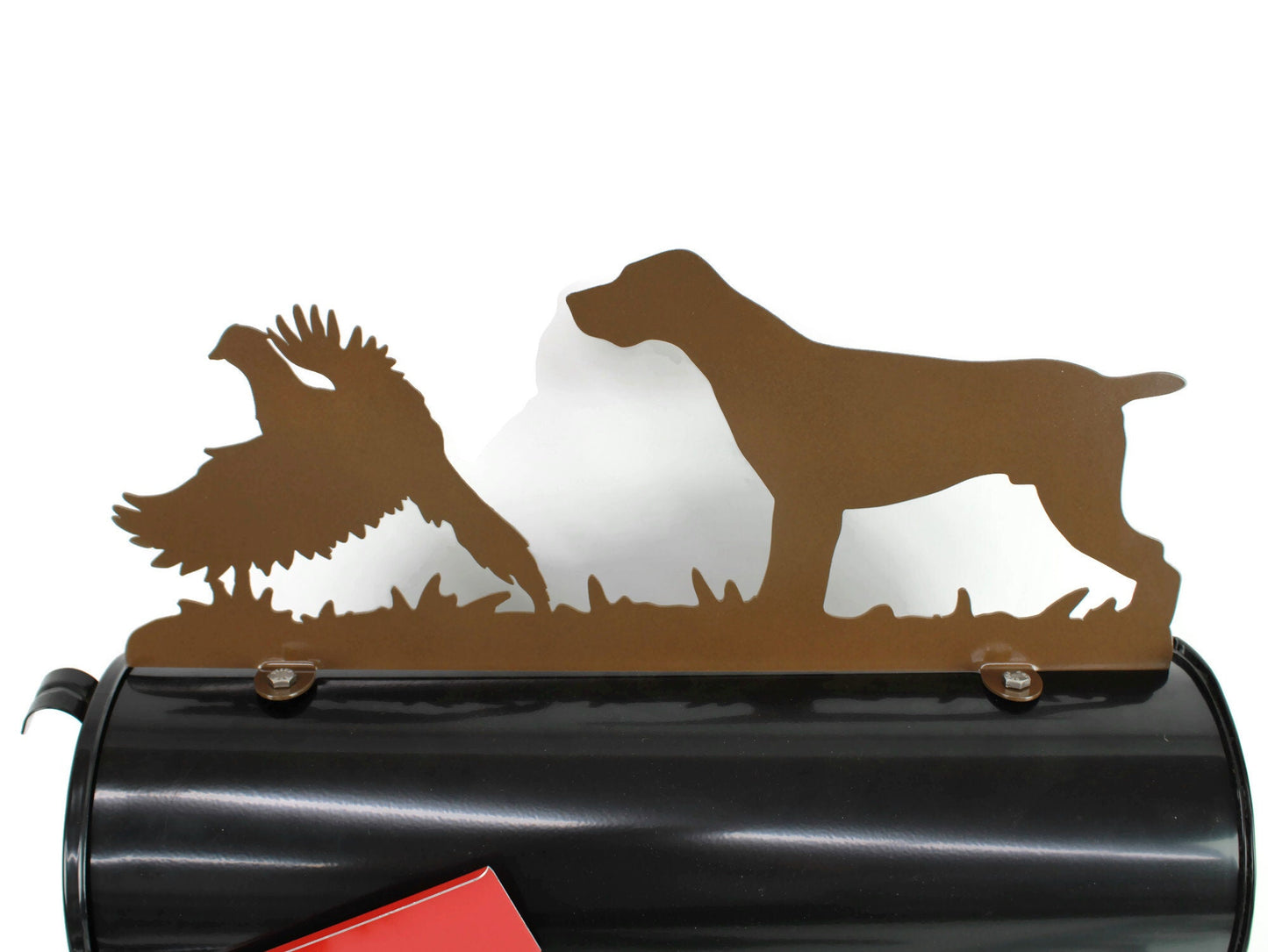 Gloss brown German Shorthair Pointer with pheasant mailbox topper installed on a mailbox