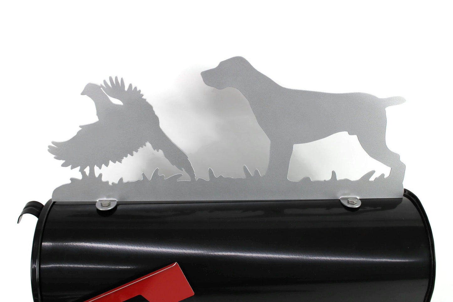 Silver brown German Shorthair Pointer with pheasant mailbox topper installed on a mailbox
