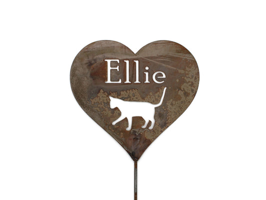 Custom heart-shaped rusty garden stake sign in rust with a cat silhouette and Ellie for text