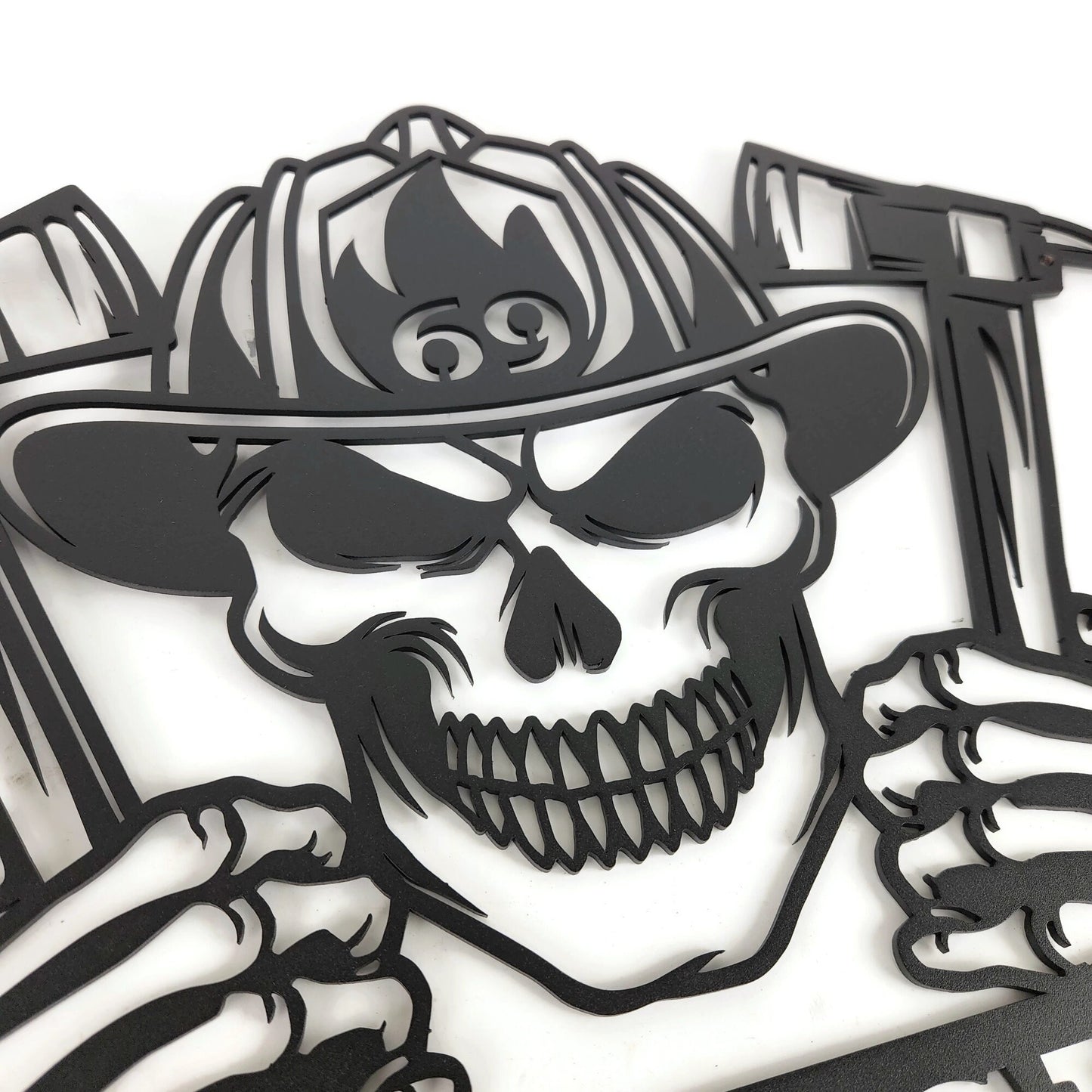 Fireman's Skull Crest with Hatchets Custom Metal Sign 18 to 24 Inches Tall
