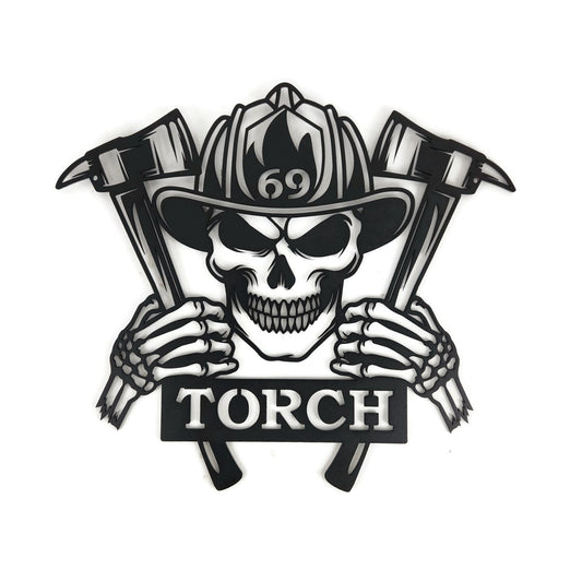 Fireman's Skull Crest with Hatchets Custom Metal Sign 18 to 24 Inches Tall