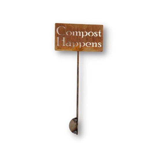 Compost Happens rusty garden stake sign