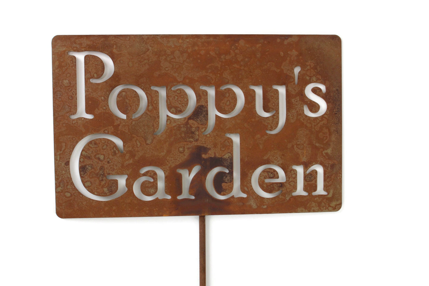 Poppy's Garden rusty garden stake sign