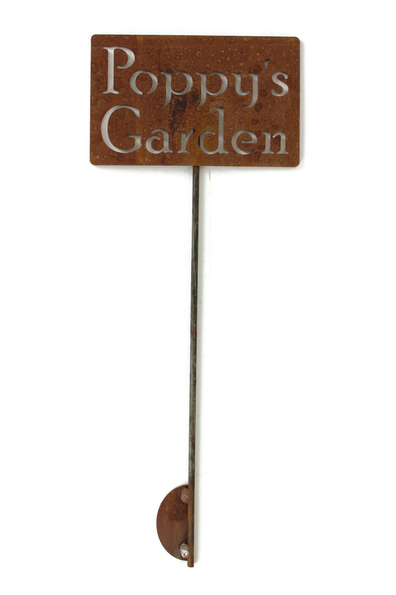 Poppy's Garden rusty garden stake sign