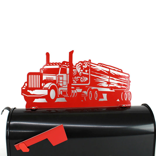 Red log truck custom mailbox topper installed on a mailbox.