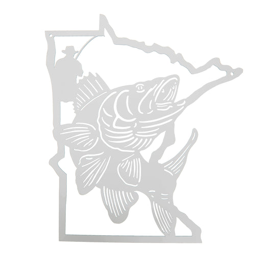 Minnesota shaped metal wall art with walleye and fisherman in light gray powder coat