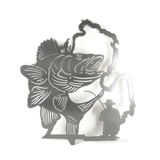 Michigan shaped metal wall art with a walleye and fisherman and pole in silver powder coat