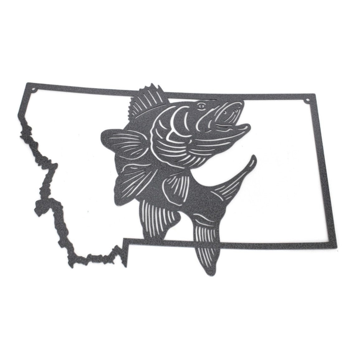 Montana-shaped metal wall art with a jumping walleye in hammered dark gray powder coat