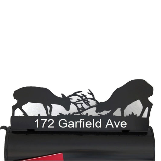 Black fighting deer custom mailbox topper with address installed on a mailbox.