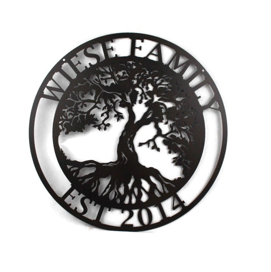 Tree of life in a circle with family name and date in black powder coat
