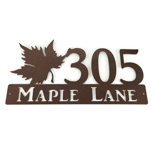 Copper vein powder coat metal address sign with a maple leaf
