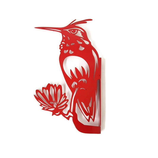 Metal hummingbird peek a boo sign in red powder coat