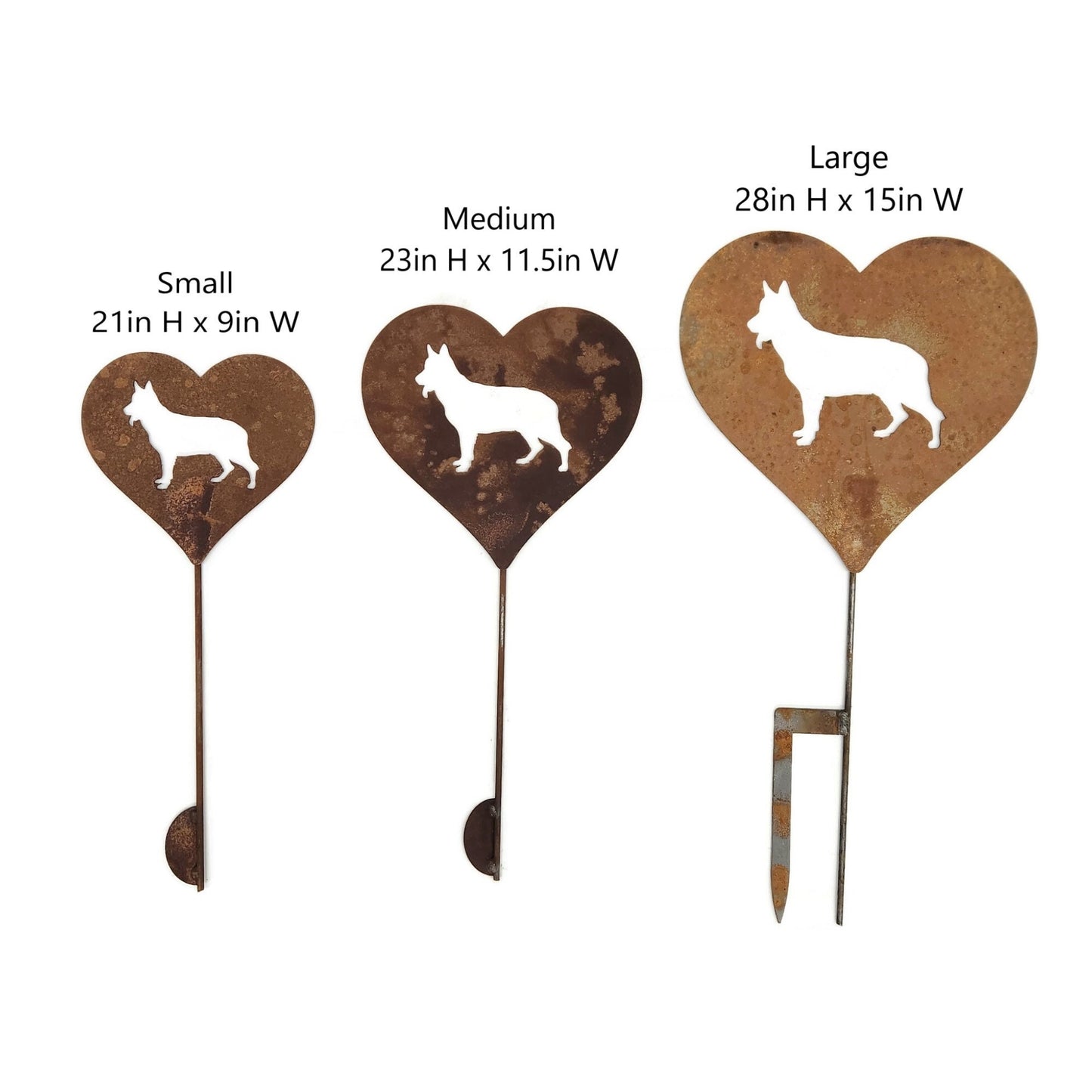 Heart-shaped small, medium, and large metal garden stake size comparison