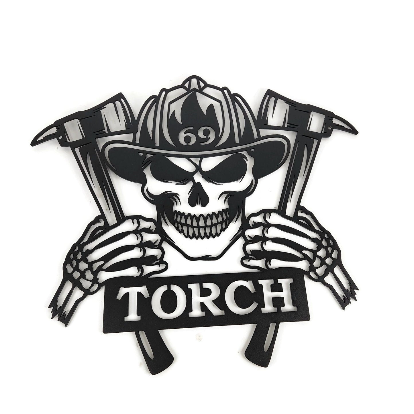 Fireman's Skull Crest with Hatchets Custom Metal Sign 18 to 24 Inches Tall